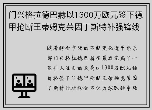 门兴格拉德巴赫以1300万欧元签下德甲抢断王蒂姆克莱因丁斯特补强锋线